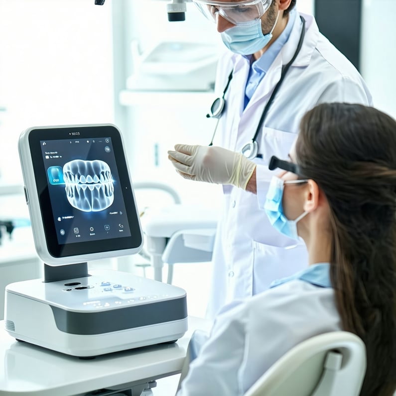 The image depicts a modern dental office bright and inviting with sleek hightech equipment prominently displayed A digital impression scanner sits on a polished countertop its smooth lines and glowing interface highlighting its advanced technology In-1