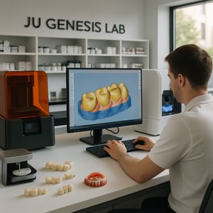 The image showcases a modern dental laboratory brightly lit with sleek hightech equipment In the foreground a technician is focused on operating a computer with a detailed digital model of a dental restoration displayed on the screen Surrounding the-1